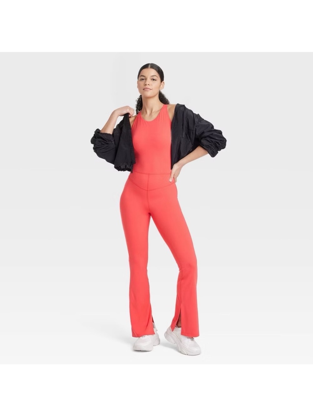 NWT JoyLab Red Coral Flare Leg Bodysuit Jumpsuit Cross Back Activewear